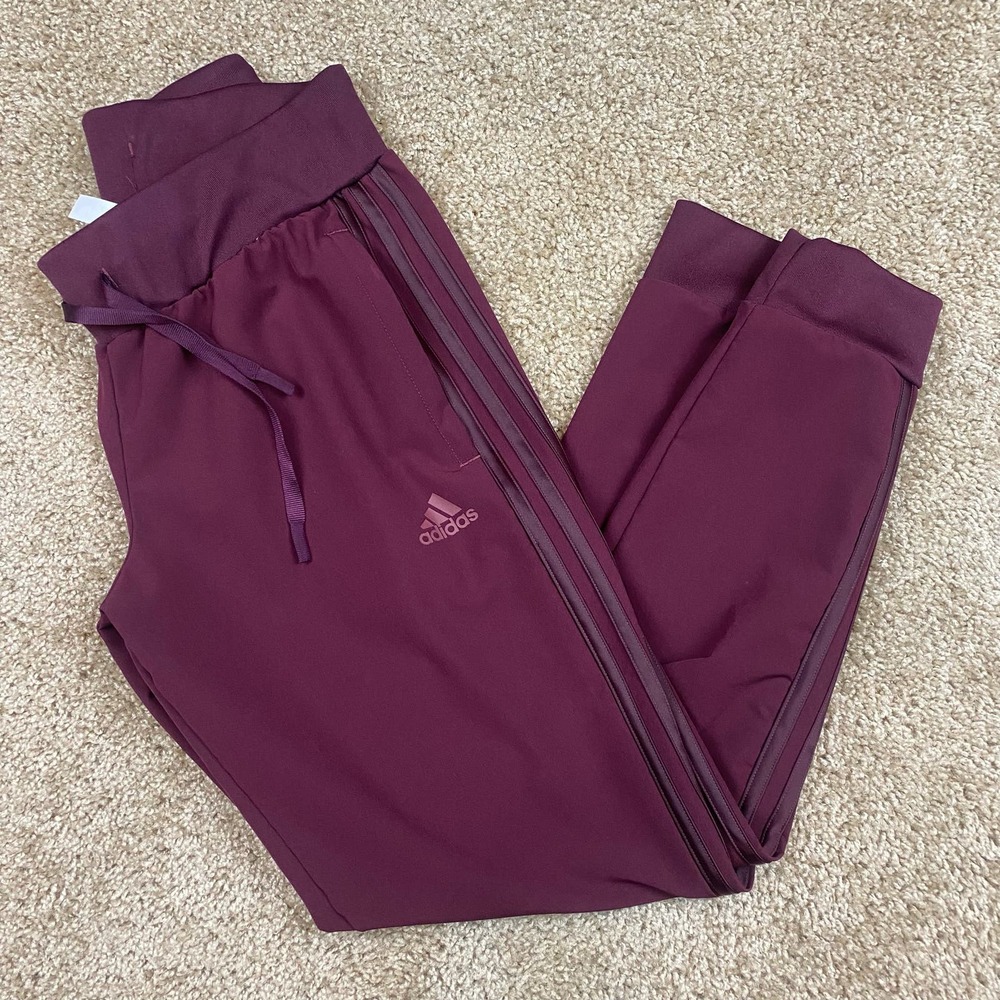 Adidas Logo Track Pants Womens Comfort Joggers Burgundy Work Out Size Small